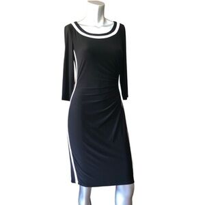CHAPS Black White Stripe Ruched Sheath Dress 3/4 Sleeve Size S/P/CH